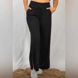 Casual knit wide leg side slit pant